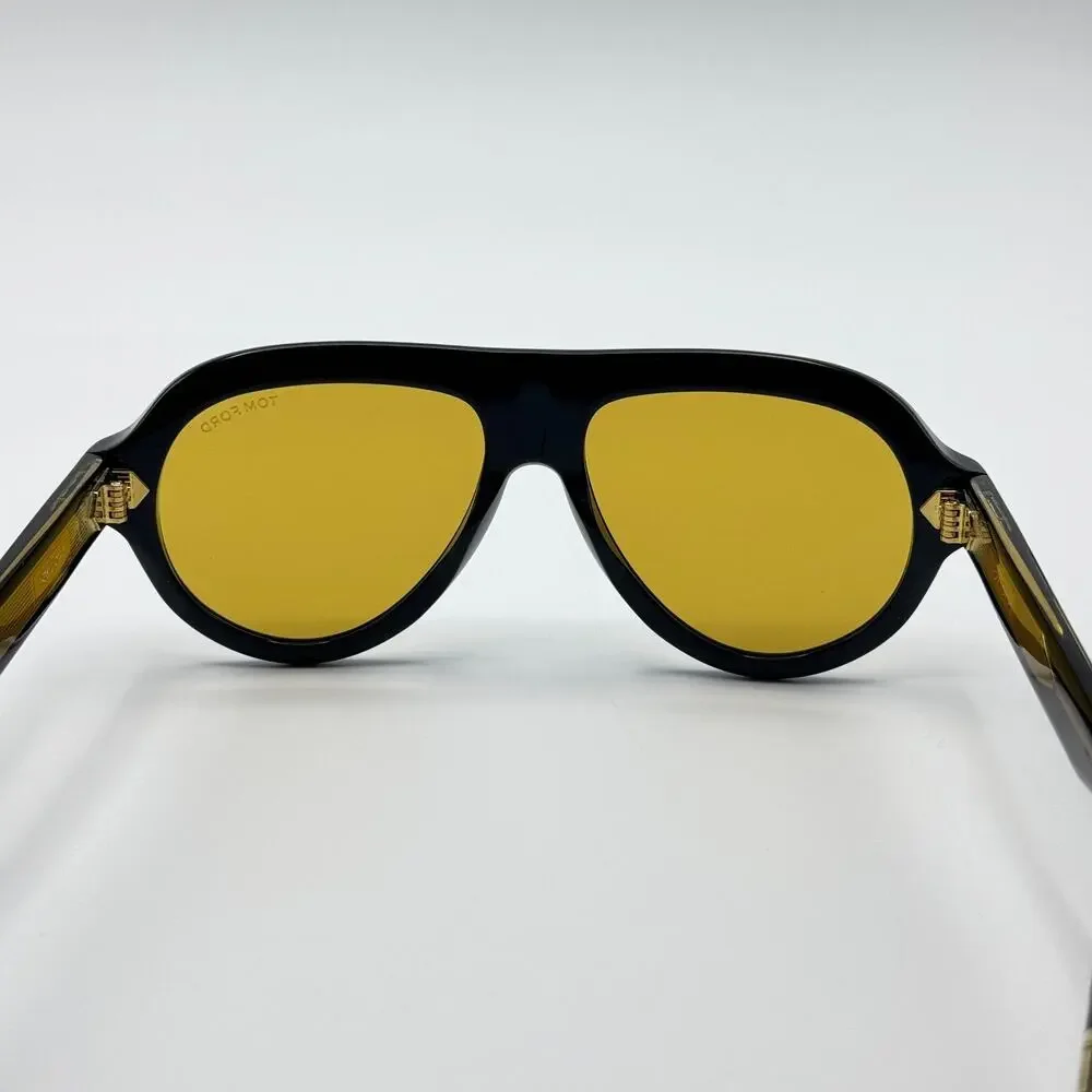 Tom Ford Sunglasses Icon FT1225 01E Black Pilot Frame Amber Lens 59-16-145 New